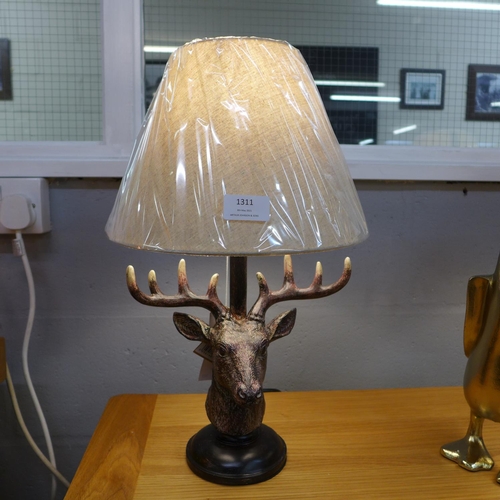 1311 - A stag head lamp with linen shade, 48cms (2069419)   #