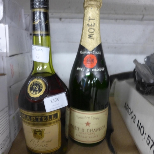 2136 - Bottle of Moet and Chandon champagne with bottle of Martell cognac, 68cl