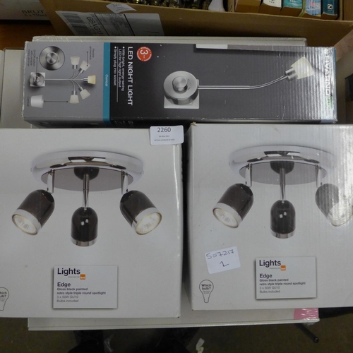 2260 - 2 B&Q retro style triple spot lights with 2 400mm ceiling roses and Livarno LED night lights - all u... 