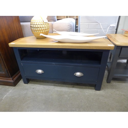 1524 - A Rutland blue painted oak corner TV unit (RA-CTV-B)  * This lot is subject to VAT Marks to front.