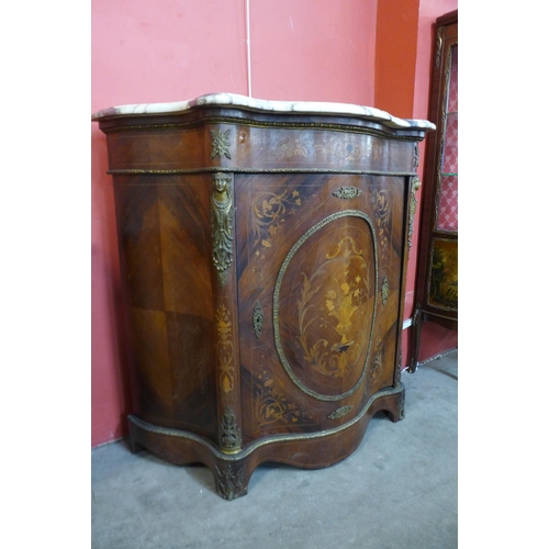 107 - A French Louis XV style rosewood and marble topped serpentine side cabinet