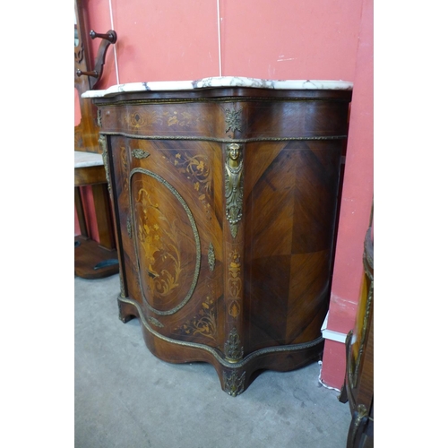 107 - A French Louis XV style rosewood and marble topped serpentine side cabinet