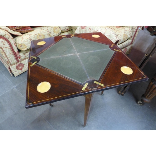 166 - A Victorian inlaid rosewood envelope card table, by Jas Shoolbred & Co.