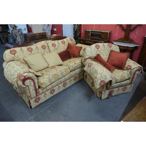 167 - A red and gold fabric upholstered two piece suite