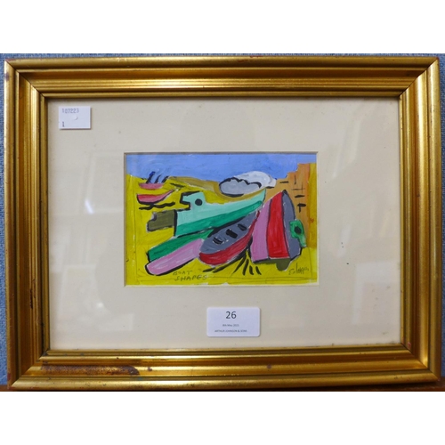 26 - Edward Morgan, abstract beach scene, gouache, 9.5 x 14cms, framed