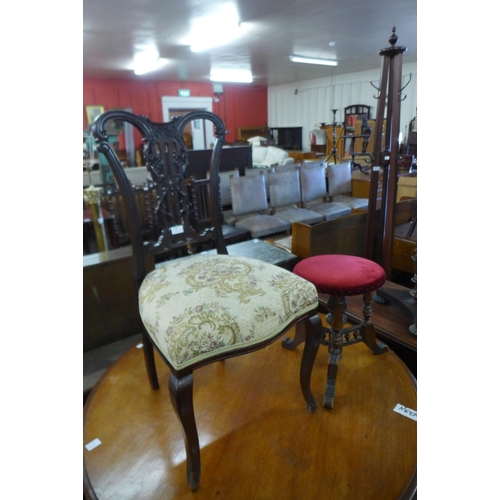 302 - A Victorian walnut stool and a mahogany chair