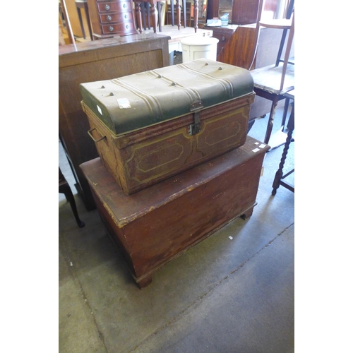 316 - A Victorian stained pine blanket chest and a tin trunk