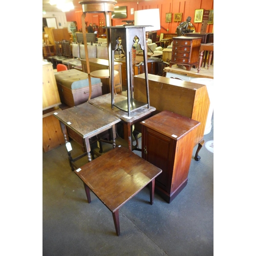 318 - An inlaid mahogany jardiniere stand, a mahogany pot cupboard, a barleytwist occasional table and thr... 