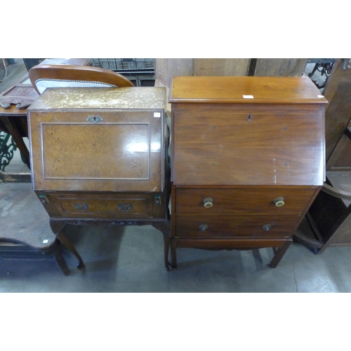 326 - A Queen Anne style burr walnut bureau de dame and another bureau