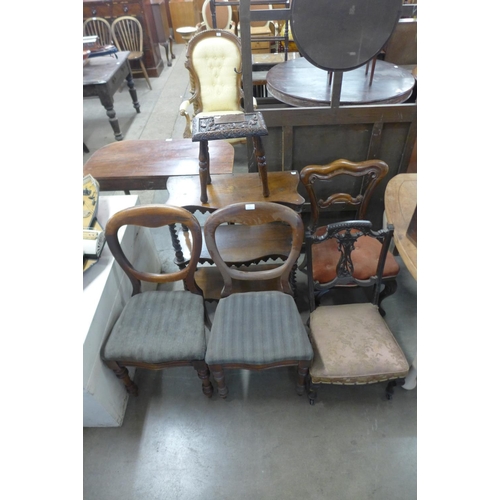 349 - Four Victorian chairs, a whatnot and a small carved oak stool