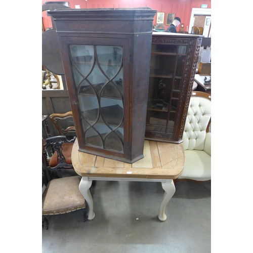 350 - Two oak corner cabinets and a painted beech dining table