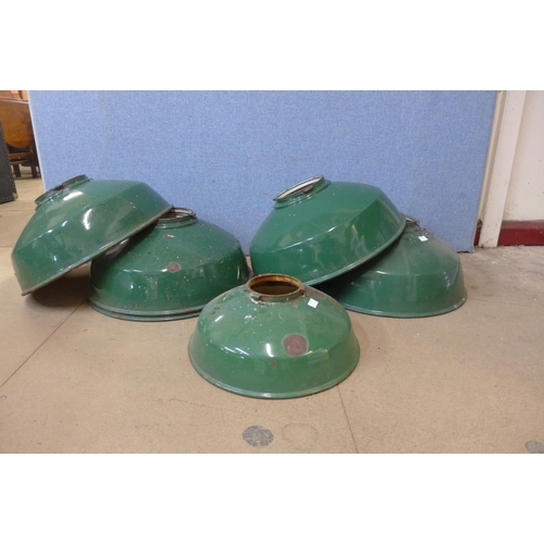 405 - A set of five industrial steel light shades and one other