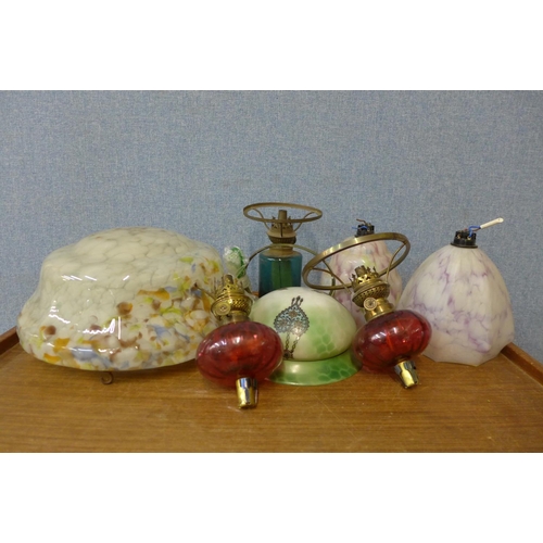 406 - Oil lamp parts and vintage glass shades