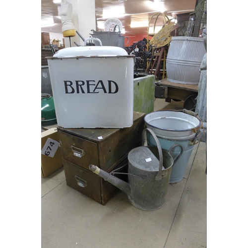 408 - An enamelled bread bin, buckets and a small engineer's chest