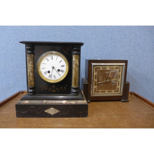 409 - A Belgian slate mantel clock with chiming movement, side slate panel missing and three oak and walnu... 