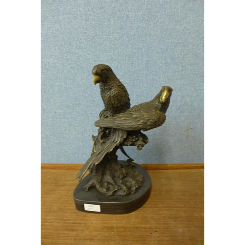 459 - A French style bronze figure of two parrots, on black marble socle, 35cms h