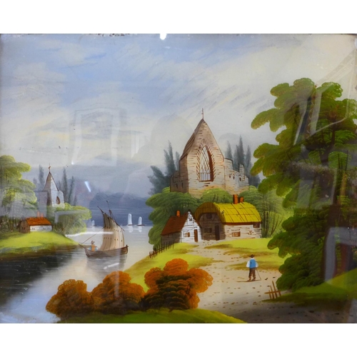 47 - English School (19th Century), river scene, reverse oil painting on glass, framed