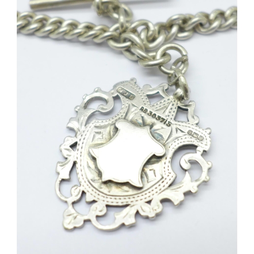 1148 - A silver double Albert watch chain, each link marked, 61g, 35cm
