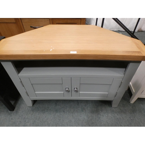 3156 - A duck egg blue painted two  door corner TV unit (damaged back) * This lot is subject to VAT