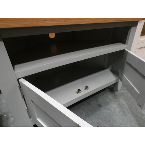 3156 - A duck egg blue painted two  door corner TV unit (damaged back) * This lot is subject to VAT