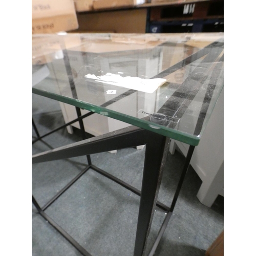 3157 - A black metal framed and glass topped console table * This lot is subject to VAT
