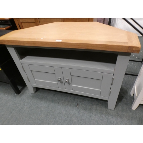 3156 - A duck egg blue painted two  door corner TV unit (damaged back) * This lot is subject to VAT