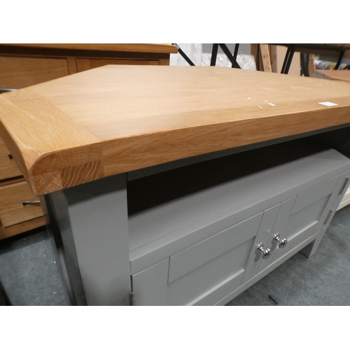 3156 - A duck egg blue painted two  door corner TV unit (damaged back) * This lot is subject to VAT