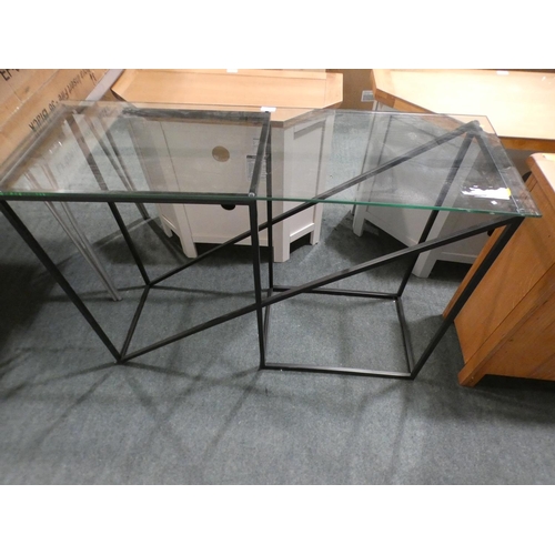 3157 - A black metal framed and glass topped console table * This lot is subject to VAT