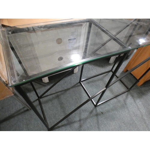 3157 - A black metal framed and glass topped console table * This lot is subject to VAT