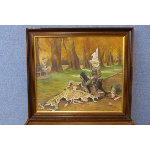 11 - * Dobbs, children playing in a park, oil on board, 48 x 56cms, framed and two English School waterco... 