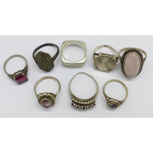 1000 - Eight silver rings including one Blue John and one set with pink quartz and marcasite