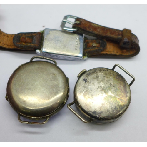 1006 - Three silver wristwatches including one with enamelled bezel and lacking crown