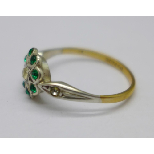 1008 - A 9ct gold and silver, green and white stone cluster ring, P