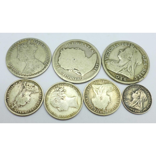 1013 - Six Victorian coins including 1899 shilling and 1900 half crown, and a George III 1817 half crown, 5... 