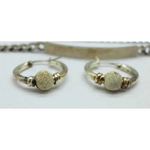 1021 - A silver bracelet, a silver ID bracelet and a pair of silver earrings, 49.7g