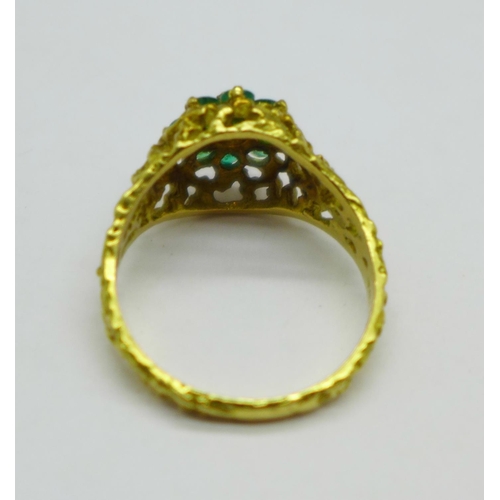 1027 - An 18ct gold, emerald and diamond ring, 4.5g, O