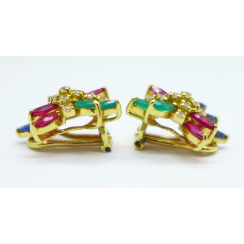 1044 - A pair of yellow metal coloured stone set clip-on earrings, 9.1g