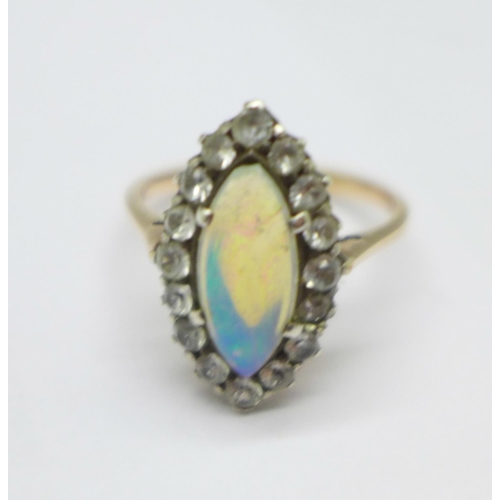 1046 - A yellow and white metal set, white stone and opal ring, 2.7g, M, opal chipped