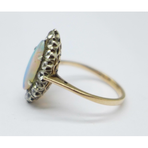 1046 - A yellow and white metal set, white stone and opal ring, 2.7g, M, opal chipped