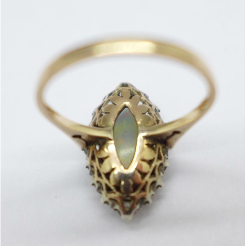 1046 - A yellow and white metal set, white stone and opal ring, 2.7g, M, opal chipped