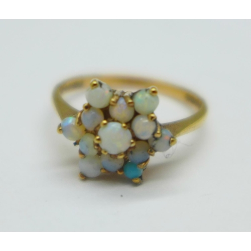 1055 - A 9ct gold and opal cluster ring, 1.6g, L