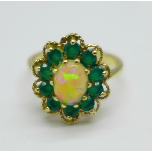 1056 - A 9ct gold, opal and emerald cluster ring, 3.6g, P