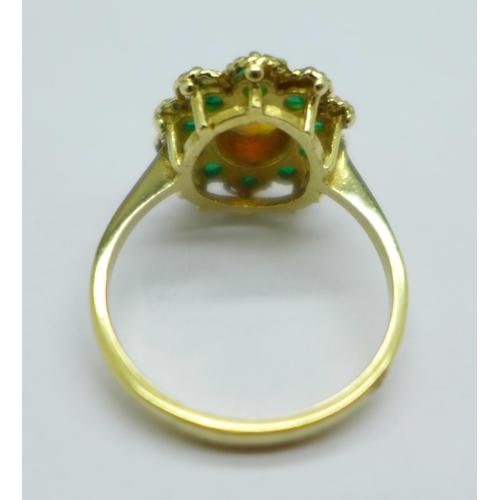 1056 - A 9ct gold, opal and emerald cluster ring, 3.6g, P