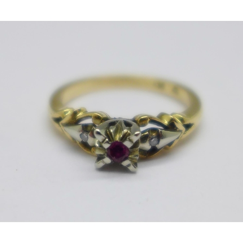 1062 - A 14ct gold, ruby and diamond ring, 3.2g, L