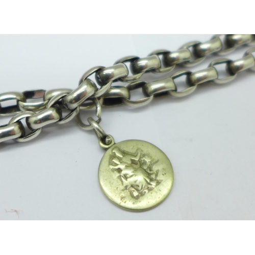 1079 - A Victorian silver long guard chain, 114g, 156cm, the clip marked silver