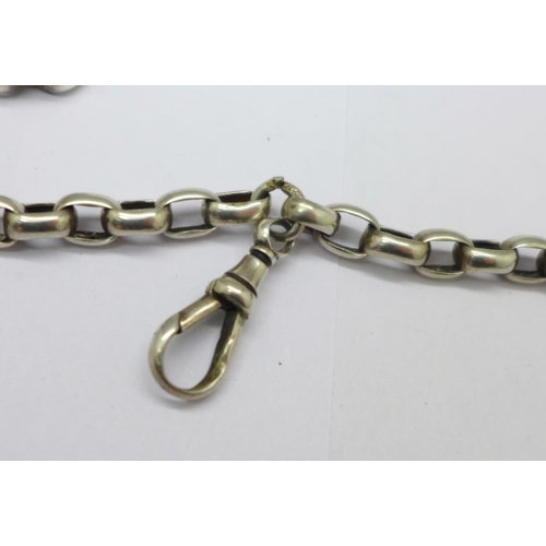 1079 - A Victorian silver long guard chain, 114g, 156cm, the clip marked silver