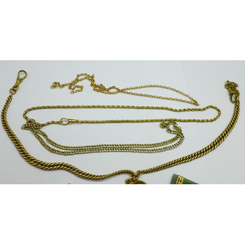 1080 - A 9ct gold and jade brooch, three neck chains, two rings and four pendants, (brooch lacking pin)