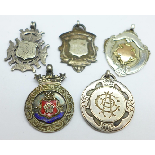 1083 - Five silver fob medals including one Victorian and one enamelled Leicestershire F.A., 37g