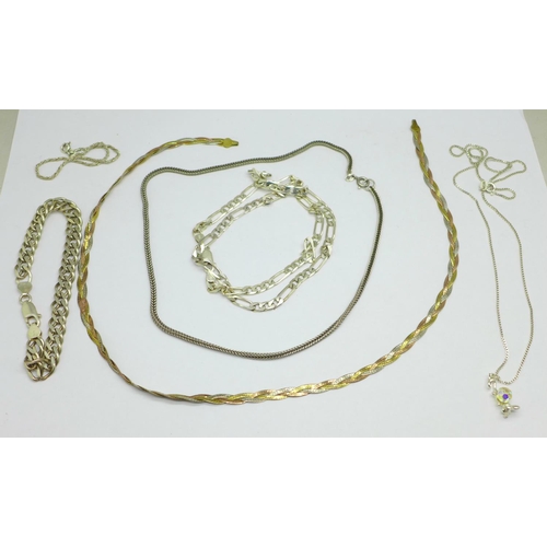 1095 - Four silver chains and two silver bracelets, 64g, three colour chain lacking fastener