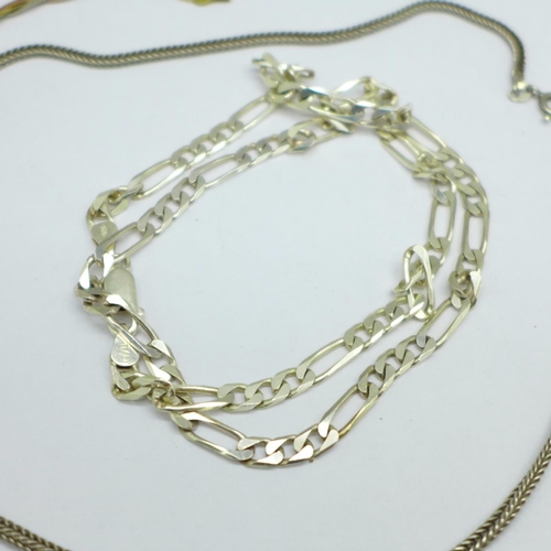 1095 - Four silver chains and two silver bracelets, 64g, three colour chain lacking fastener